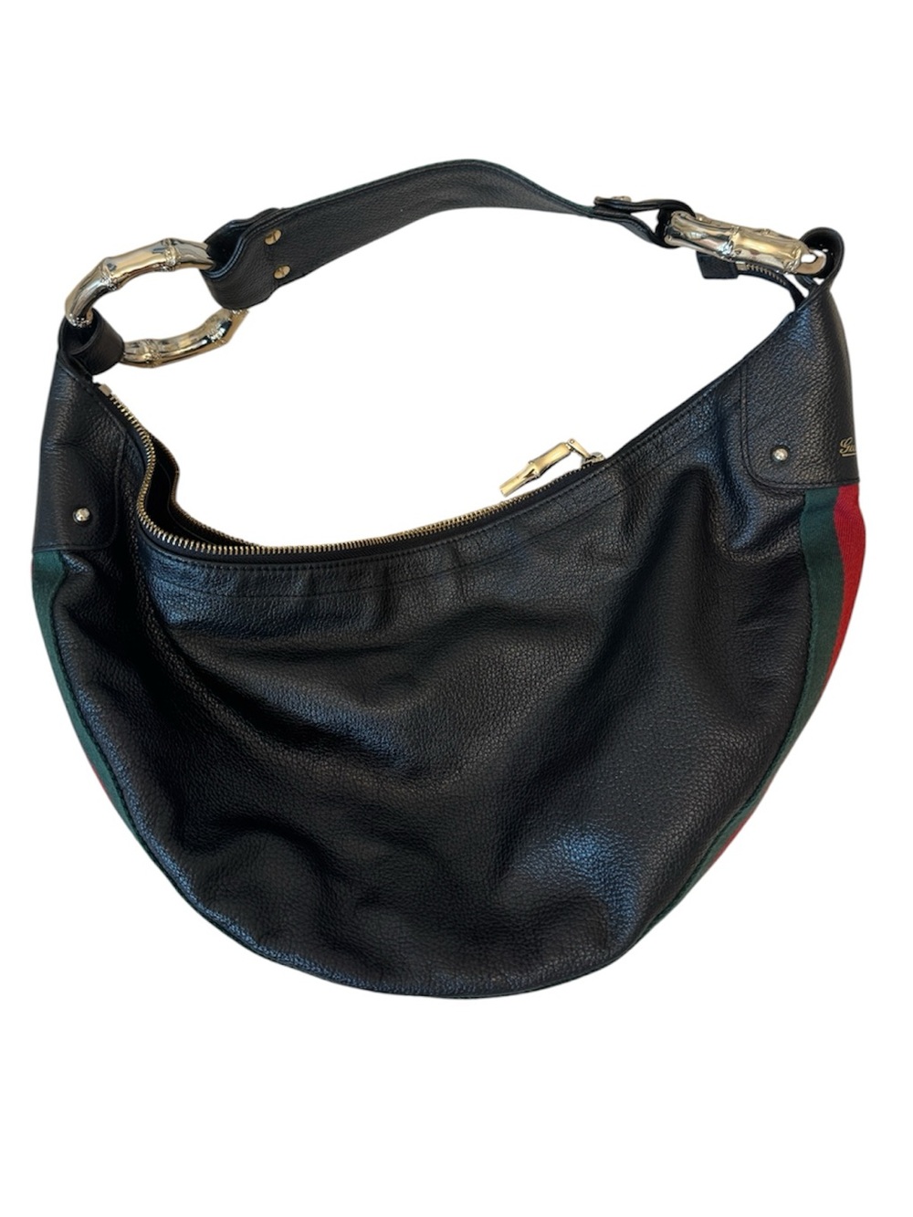 Gucci Black Crescent Bag w/Green & Red Stripe & Gold Bamboo Rings - Picture 2 of 13